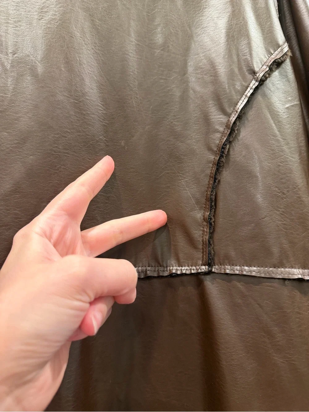 Outer Edge Y2K Brown Faux Leather Faux Fur Trim Trench Coat Large Jacket Grunge